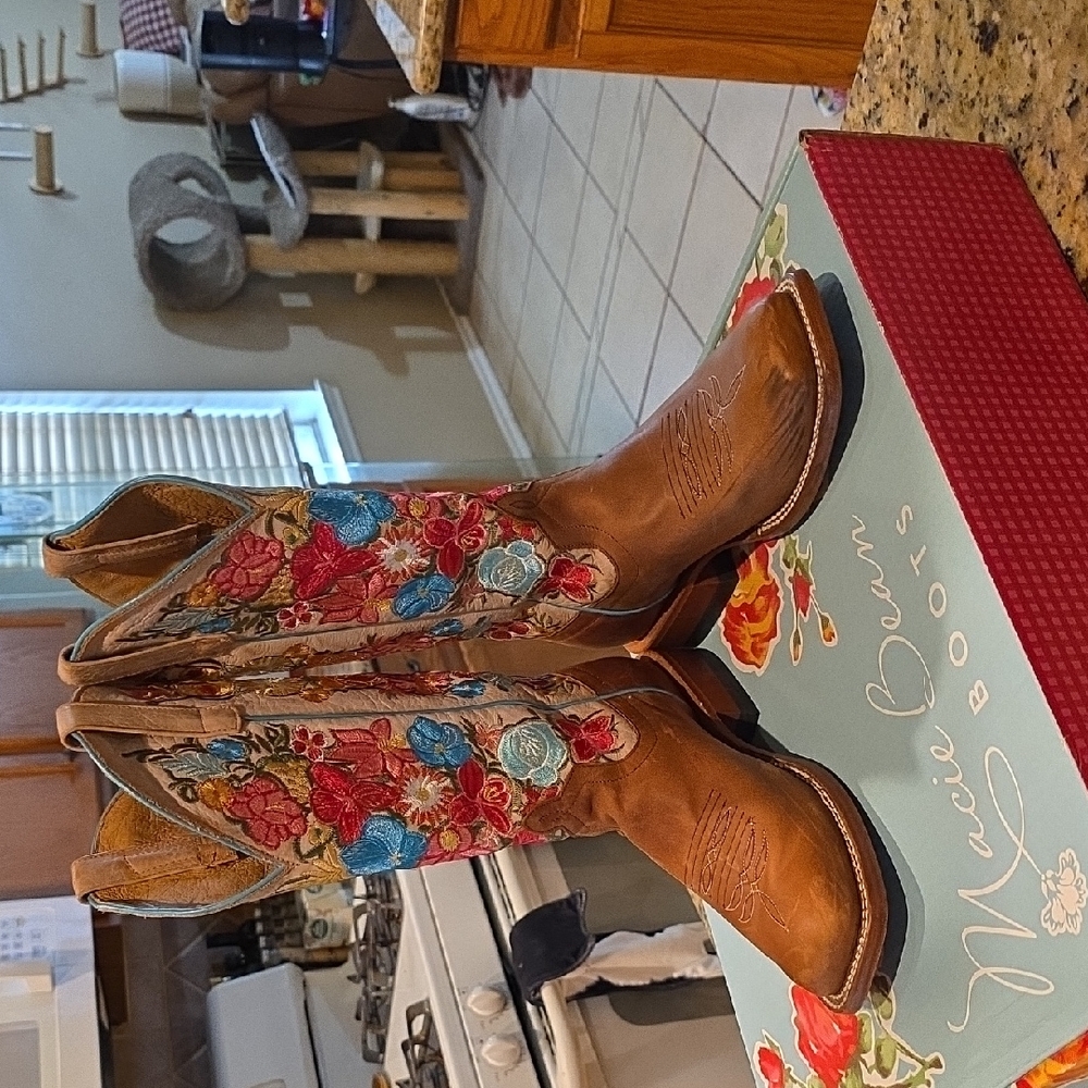 Macie Bean Tan Western Boots with Red, Blue & Pink Floral Embroidery